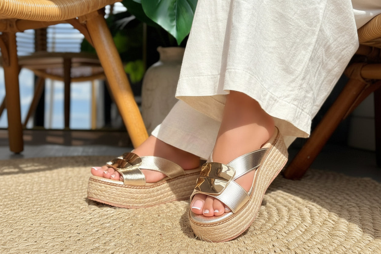 Sandalia Plataforma Cuero & Yute Dorada